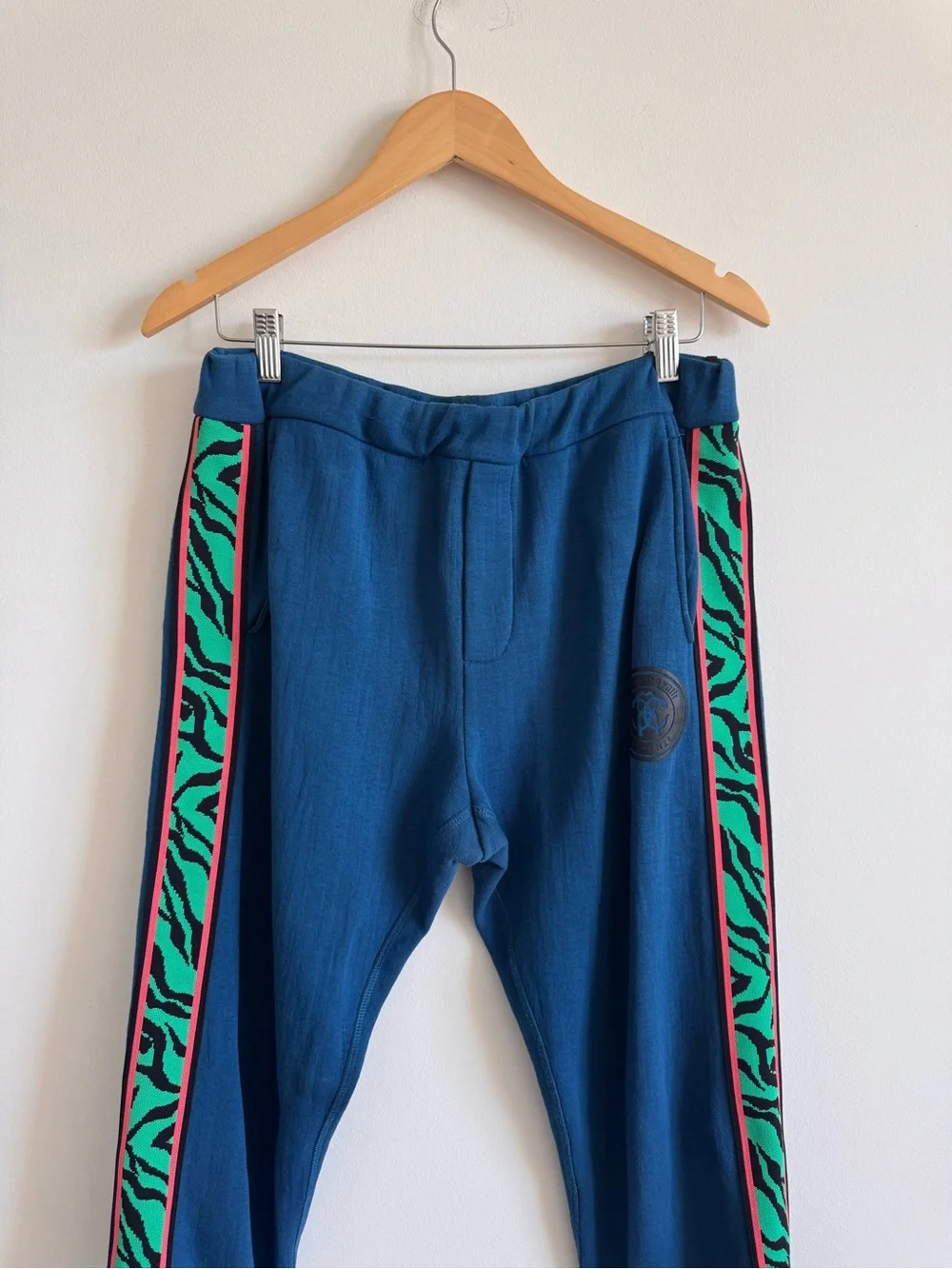 Roberto Cavalli | Men’s Royal Blue Track Pants w Zebra Printed Side Stripe Large